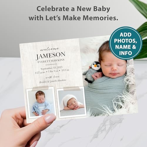 Let's Make Memories Personalized Baby Announcement Cards - Birth, Adoption - Boy, Girl - Premium Quality Custom Photo Cards for Mailing - 5x7 - Includes White Envelopes - Rustic Collage - 25 ct - Image 2