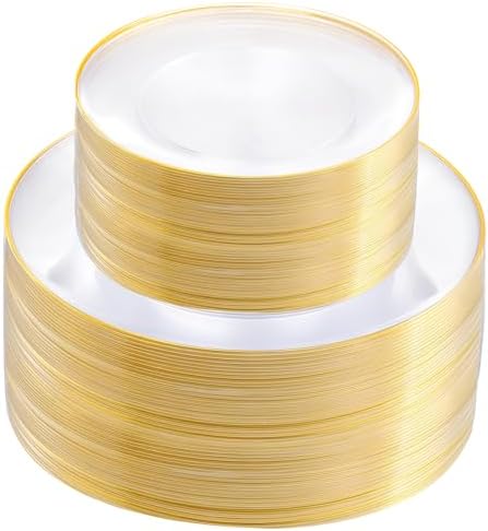 bUCLA 100PCS Clear and Gold Plastic Plates - Clear Disposable With Gold Rim Include 50 Each (10 inch Dinner & 7 inch Dessert) Plates, Ideal for Party & Thanksgiving by BUCLA