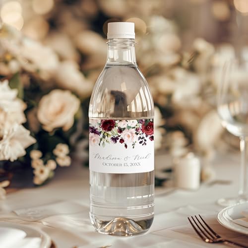 Personalized Water Bottle Labels with Choice of 30 Flower Styles - Choose Font and Pre-Made Phrases or Design Custom Text - LABELS ONLY (017 Burgundy and Pink Flowers, 2 inch (8.5x2")) - Image 2