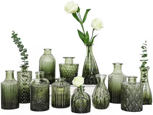 TBWIND 12pcs Green Glass Bud Vases Set, Small Vases for Flowers by TBWIND