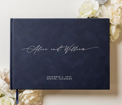 MUUJEE Personalized Guestbook in Navy - Premium Custom Modern Guest Book for Wedding Reception, Birthday Party or Events w/Bookmark Blank Pages for Signing 11.5 x 8.5 inches - Image 2