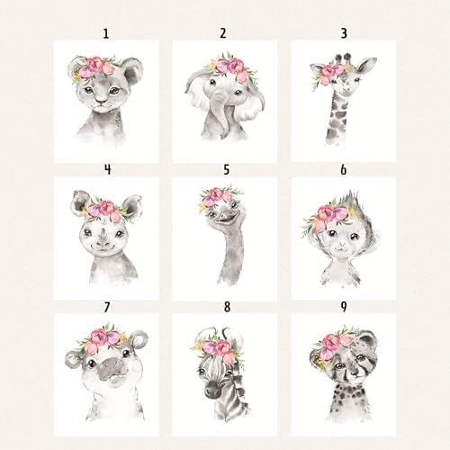 Personalized Safari Nursery Wall Art Set – Custom Name Jungle Animal Prints – Baby Girl Room Decor Pictures Pink Floral Accents – Unframed – Baby Shower for Girls (Personalized Set of 6, 11x14) - Image 5