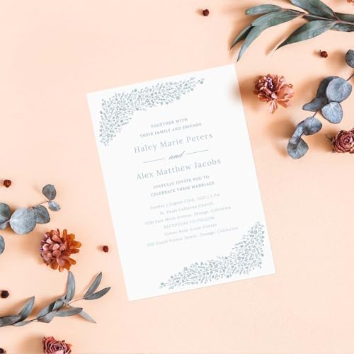 Canopy Street Personalized Dainty Floral Invitations / 25 Custom Modern Wedding Invites With White Envelopes / 5" x 7" Dusty Blue Botanical Anniversary Party Invite/Made In The USA - Image 4
