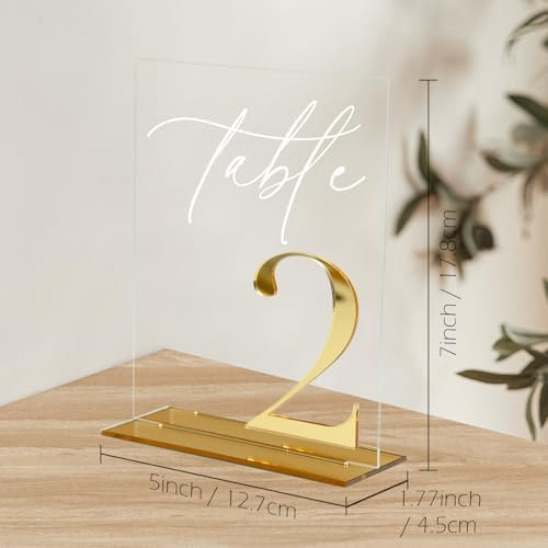 Acrylic Wedding Table Numbers 1-20 with Stands, 5"x7" Clear Acrylic Signs with 3D Gold Mirror Numbers, Clear and Gold 3D Table Numbers for Wedding Reception, Anniversary, Event - Image 2
