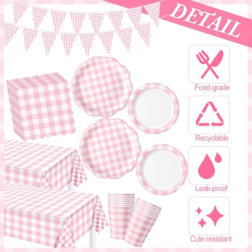 Pink 254 Pcs Gingham Plates Napkins Party Supplies for 50 - Image 2