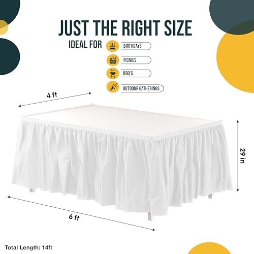 Exquisite White Table Skirt 12 Pack - Disposable Plastic Table Skirts for Rectangle Tables 6ft 8ft & Round Tables - 29in x 14ft Self-Adhesive Strip - Birthday Wedding Gender Reveal Decor - Image 4