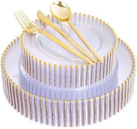 LIYH 150 Pcs Clear and Gold Plastic Plates - Elegant Disposable Gold Plastic Dinnerware set Include Dinner & Dessert Plates for Birthday Party Wedding 30 Guests by LIYHLoveinyourheart