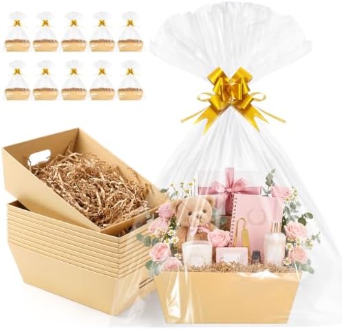 EVELOMO 10 Pack Empty Gift Baskets to Fill - 10" x 8" Small Baskets for Gifts Empty, Sturdy DIY Gifts Baskets Sets with 500g Crinkle Cut Papers for Birthdays Weddings Parties and Holidays (Kraft) by EVELOMO