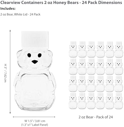 – 24 Pack 2 oz BPA-Free Plastic Honey Bear Bottles with Sealable White Screw Top Lids, Clear Mini Squeeze Bottles for Honey, Samples & Party Favors (24pk, 2oz, WHT) - Image 2