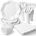 Vyntra White Paper Plates, Cups & Napkins, 350 Pcs Scalloped Party Set by PartyTablewareSupplies