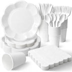 Vyntra White Paper Plates, Cups & Napkins, 350 Pcs Scalloped Party Set by PartyTablewareSupplies