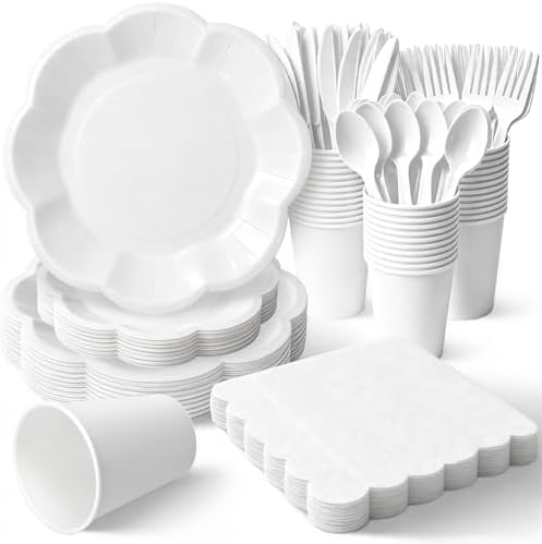 Vyntra White Paper Plates, Cups & Napkins, 350 Pcs Scalloped Party Set by PartyTablewareSupplies