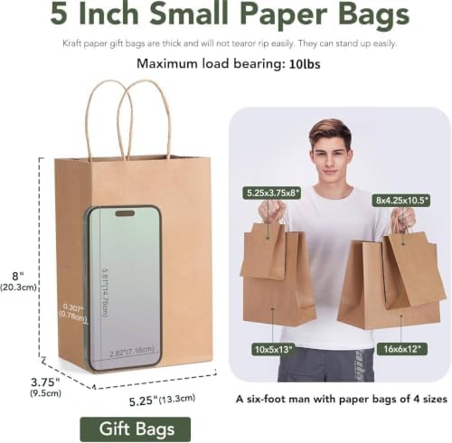 GSSUSA Brown Paper Bags 5.25x3.75x8 600Pcs, Gift Bags with Handles Bulk for Small Business - Image 2