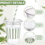 Sliner 50 Sets Sage Green White Striped Plastic Cups 16oz - Image 2
