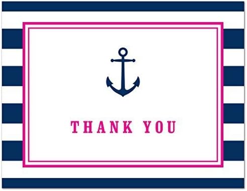 50 Cnt Navy Stripes Pink Border Anchor Nautical Baby Shower Thank You Cards - Image 3