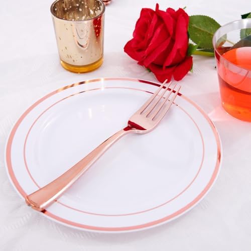 WDF 300 Pieces Rose Gold Plastic Silverware- Disposable Flatware Set - Heavy Duty Plastic Cutlery Includes 100 Forks, 100 Spoons, 100 Knives Perfect for Wedding/Party/Birthday - Image 3