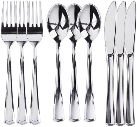 Prestee 300 Piece Heavy Duty Plastic Silverware Set - 100 of Each Silver Plasticware Forks, Spoons, Knives - Flatware Cutlery for Weddings - Durable Disposable Plastic Utensils for Catering, Buffets by Prestee