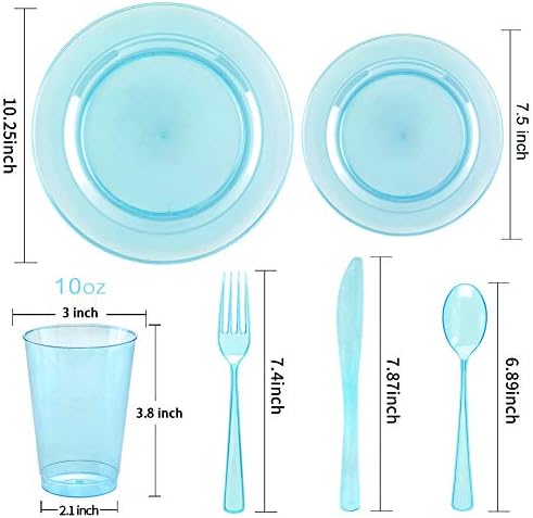 WDF 25 Guest Blue Plates with Disposable Silverware&Blue Cups-Neon Clear Plastic Dinnerware include 25 Dinner &Salad Plates,25Forks, 25 Knives, 25 Spoons,25 Cups for Graduation - Image 2