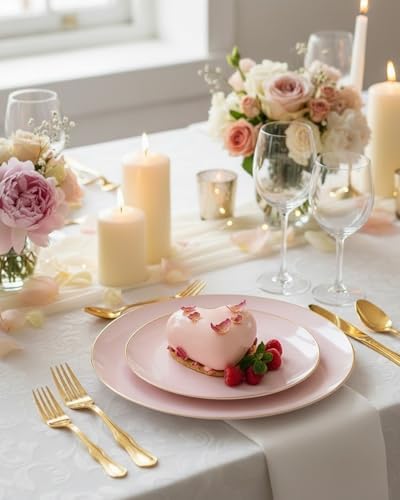 PULOTE 100PCS Pink Plastic Plates - Heavy Duty Pink and Gold Disposable for Party, Wedding, Mother's Day Include 50 Each (Dinner & Dessert) Plates - Image 3