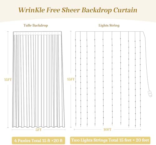 20ft x 15ft White Tulle Backdrop Curtain with Lights String for Parties Wedding Bridal Shower Sheer White Curtain Backdrop for Birthday Party Baby Shower Photo Booth Decorations - Image 4