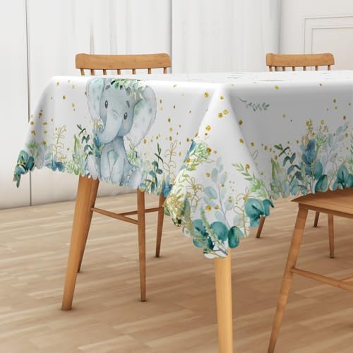 Elephant Baby Shower Tablecloth 70x160 Inch Gold Polka Dots Green Eucalyptus Leaves Fabric Table Cloth Polyester Oilproof Washable Rectangle Table Cover for Boy Baby Shower Gender Reveal Decor - Image 5
