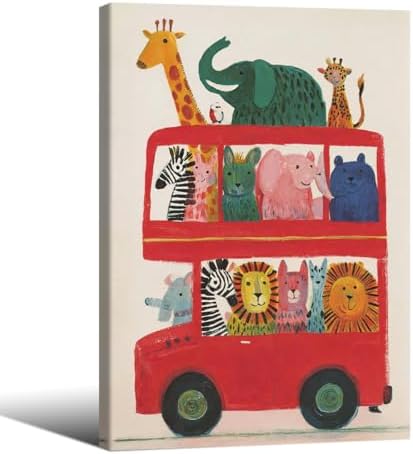 Wrapped Framed Cute Colorful Animal Canvas Wall Art Modern Funny Kids Posters Safari Animals On Red Bus Scene Prints For Toddler Bedroom Nursery Wall Decor 20x30 inch by Unknown