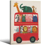 Wrapped Framed Cute Colorful Animal Canvas Wall Art Modern Funny Kids Posters Safari Animals On Red Bus Scene Prints For Toddler Bedroom Nursery Wall Decor 16x24 inch by Medpol