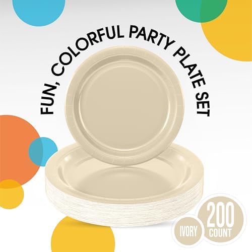 Party Solids Exquisite Ivory Paper Plates Disposable Heavy Duty 200 Pcs - 100-7 & 100-9 Ivory Disposable Plates for Party Heavy Duty 350 GSM for Birthday Supplies - Image 2