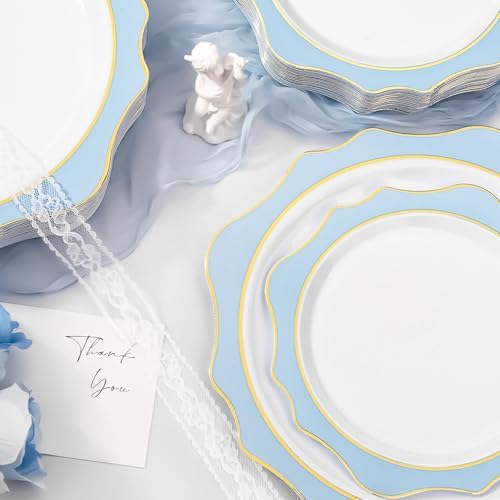realluck 100Pcs White & Blue Plastic Plates for 50 Guests - Image 3