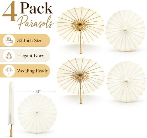 Koyal Wholesale 32" Ivory Paper Parasol Umbrella 4 Pack, Large Paper Umbrella Bulk, Paper Parasol Wedding Umbrellas, Ivory Parasol Umbrella Bridal Party Decor Photo Props, Sun Parasols for Shade - Image 3
