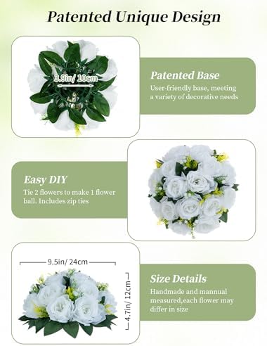 BLOSMON White Fake Flowers Party Centerpieces: 6 Pcs, 15 Faux Silk Roses - Image 6
