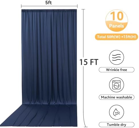 10 Panels 5x15ft Backdrop Curtains for Parties, Wrinkle Free Polyester Navy Blue Photo Backdrop Drapes 15 ft Long Back Drop Cloth for Wedding Birthday Photography Background Party - Image 5