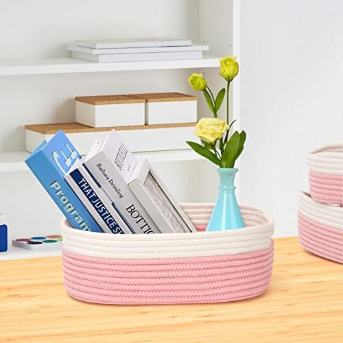 7 Piece Cotton Rope Woven Basket Set - Small Basket for Baby Nursery, Pets, Montessori, Dog & Cat Toy Boxes, Bathroom Organization Bins (White/Pink) - Image 5