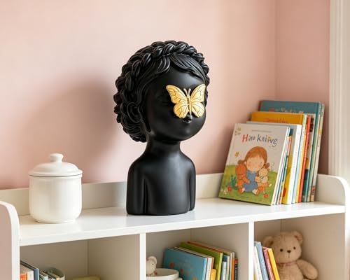 Black Cute Girl Statue with Gold Butterfly, 9 inch Resin Whimsical Sculpture for Nursery Living Room Decoration, Gift for Baby Shower Gender Reveals, Birthdays, Housewarmings, Mother’s Day - Image 7