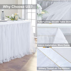 108in White Tulle Table Skirts for Rectangle Tables 8/6/4ft, 2-Layer Gold Grim Ruffle Tulle Tutu Cloth Table Skirt 9ft Long for Wedding Birthday Party Baby Shower Cake Dessert Tables(No Table Cover) - Image 4