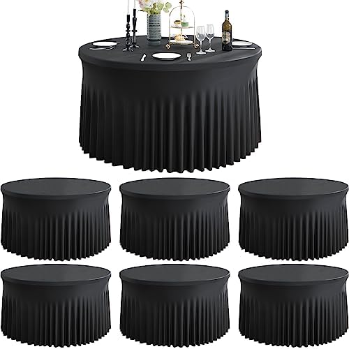6 Pack Black Round Spandex Tablecloth for 60 inch Table, Wrinkle Free Stretchy 120inch Fitted 5FT Round Table Cloths Cover with Skirt for Wedding Birthday Party Dining Banquet Events by Htper
