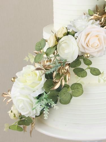 Rinlong 3Pcs Premade Cake Flowers, White Gold Wedding Cake Decor - Image 7
