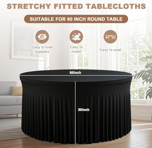 6 Pack Black Round Tablecloths, 60 Inch Spandex Stretchy Table Cloth with Skirt, Washable Fitted Tablecloth, Circle Wrinkle Free Table Cover for Wedding Party Birthday Outdoor Event - Image 3