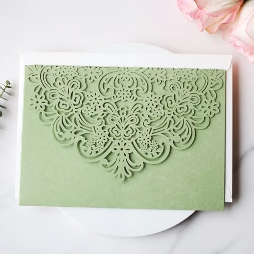 Hosmsua 50PCS Personalized Sage Green Wedding Invitation Pocket with Envelopes, 5.12 x 7.2 Trifold Laser Cut Lace Flora Invitations for Quinceanera Sweet 16 Quince Invitation - Image 2