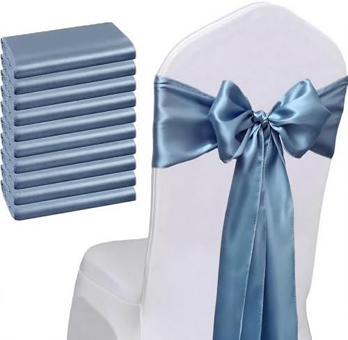 Pack of 50 Satin Dusty Blue Chair Sashes Bows 7x108 Inch Chair Ribbons - Image 3