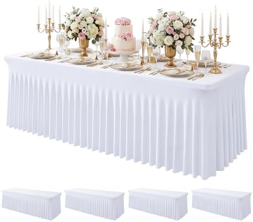 4Pack White Spandex Tablecloth for 8FT Rectangle Table,Table Skirt by Baoszty