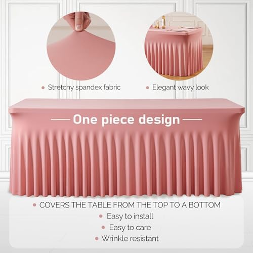 2 Packs Dusty Rose Spandex Tableclothes for 4 Foot Rectangle Tables, Wrinkle Free 4ft Fitted Table Cover Stretch Table Cloth Desk Skirt for Weddings Baby Shower Birthday Party Banquet Decorations - Image 2