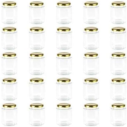 6 oz Clear Hexagon Jars,Small Glass Honey Jars With Lids(Golden),Mason Jars For Herbs,Foods,Jams,Liquid, Canning Jars Spice Jar For Storage 25 Pack by Encheng