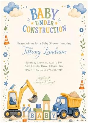 Baby Under Construction Baby Shower Invitation, Construction Baby Shower Invite, Little Builder Shower, Excavator and Dump Truck Design, Blue and Yellow Baby Shower Invitation, Printed with Envelopes by Handmade