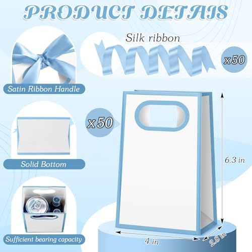 AmazingSpark 50 Pcs White Blue Mini Gift Bags Bulk 6.3 x 3.9 x 2.8 Inch Party Favors Elegant Small Gift Bags with Handles and Ribbon Bows for Wedding Birthday Bridal Baby Shower Party Favors - Image 2