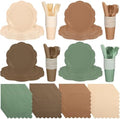 Qinyoung 388 Pcs Woodland Baby Shower Tableware Decorations Include Sage Green Brown Forest Scalloped Plate Paper Napkin Cup Plastic Cutlery for Safari Jungle Neutral Birthday Wedding, Serves 48 by Qinyoung