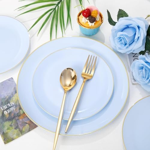 PULOTE 100PCS Blue Plastic Plates - Disposable Light Blue Include 50 Dinner & 50 Dessert/Salad Plates for Party, Wedding & Birthday - Image 6