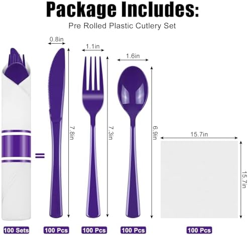 100 Pack Pre Rolled Purple Plastic Silverware with Napkins - Image 3