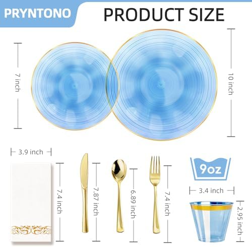 175PCS Blue Plastic Plates with Gold Rim, Disposable Blue Plates - Image 2