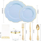 NOCCUR 175PCS Blue Plastic Plates with Gold Disposable Silverware - Include 50 Light Blue and Gold Plastic Plates,25 Knives,25 Forks,25 Spoons,25 Cups and 25 Napkins - Baby Shower/Party/Spring/Wedding - Image 2